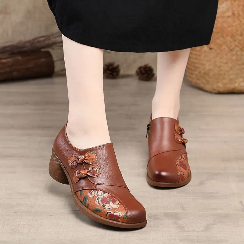 Women’s Leather Shoes with Thick Heel and Floral Patchwork