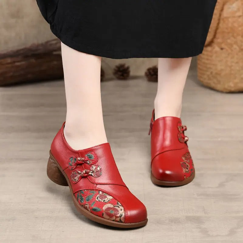 Women’s Leather Shoes with Thick Heel and Floral Patchwork