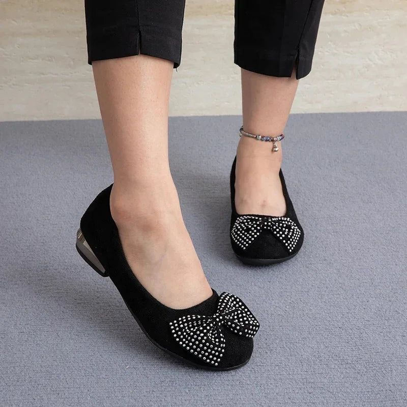 Women's Rhinestone Bow Loafers with Low Heel
