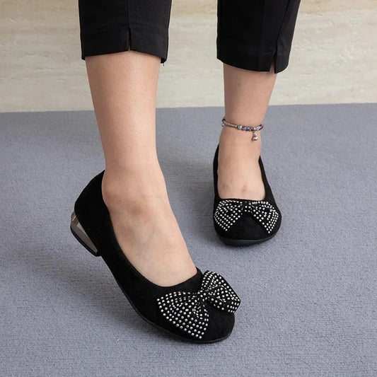 Rhinestone Bow Loafers with Soft Padding & Low Heel