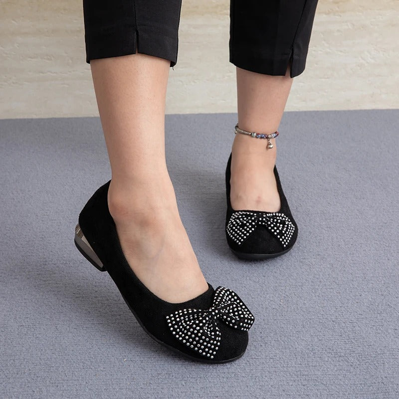 Rhinestone Bow Loafers with Soft Padding &amp; Low Heel
