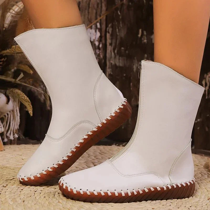 Front-Zipper Mid-Calf Boots with Handstitched Look