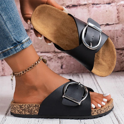 Women's Cork-Pattern Slip-On Slippers with Buckle Detail
