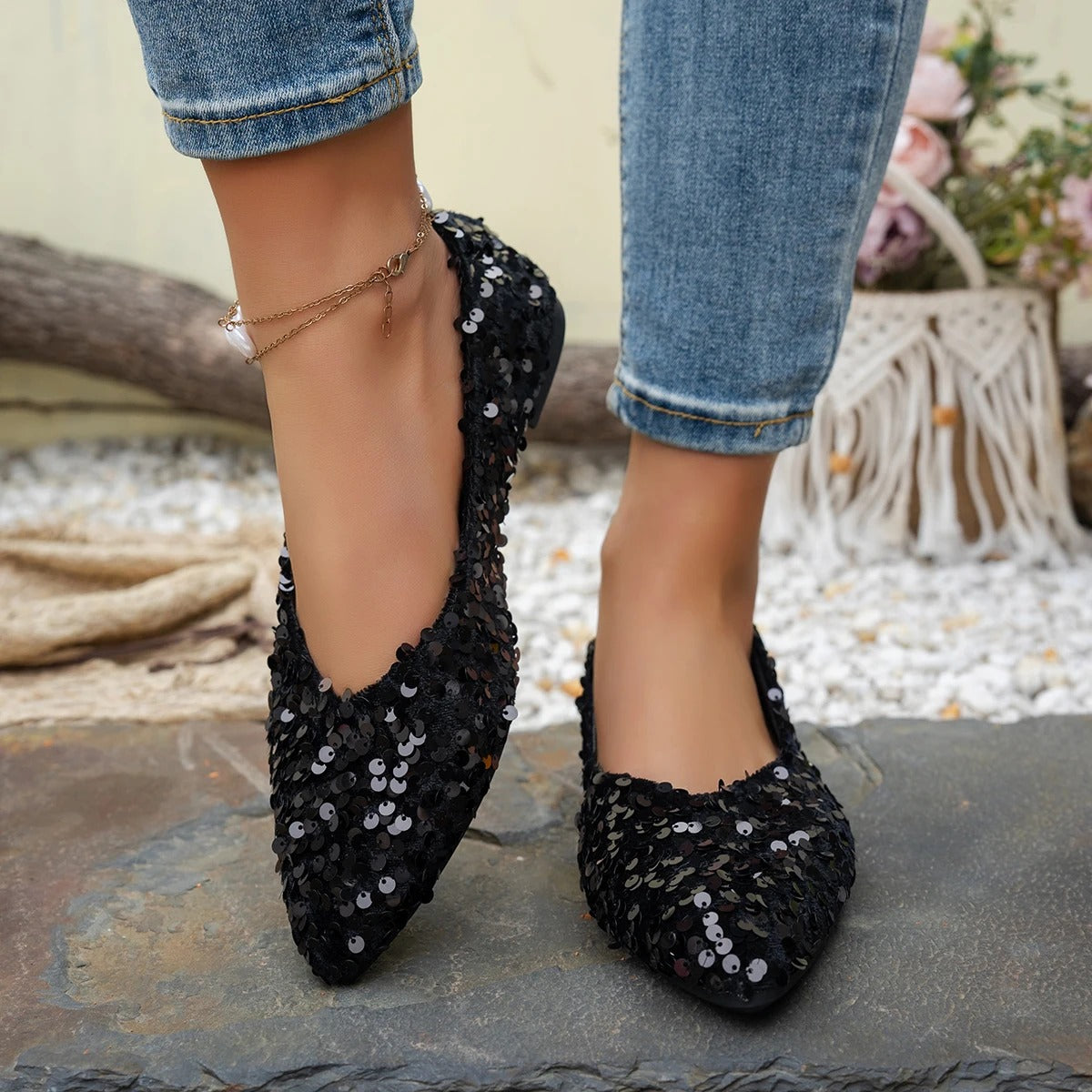 Women's Sequin Pointed Toe Flat Shoes