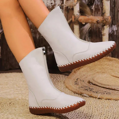 Front-Zipper Mid-Calf Boots with Handstitched Look
