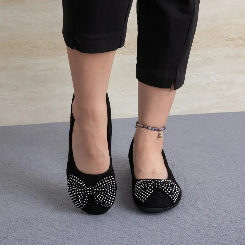 Women's Rhinestone Bow Loafers with Low Heel