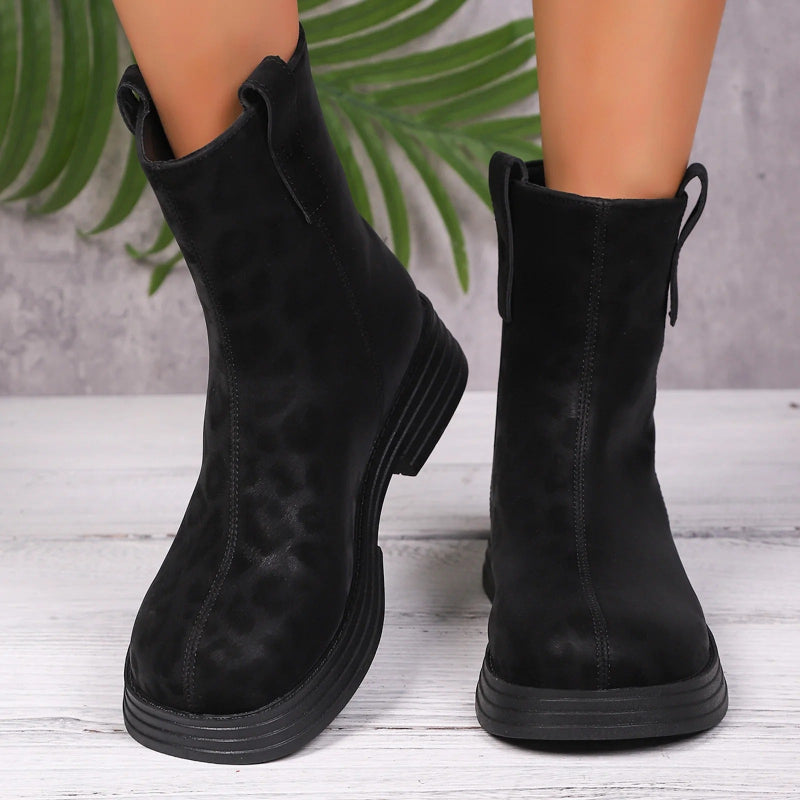 Leopard Round Toe Block Heels Boots