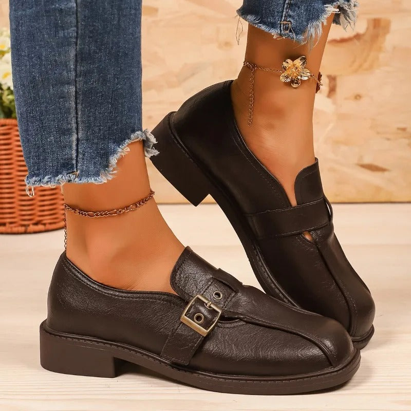 Women’s Leather Loafers with Buckle Accent and Classic Slip-On Comfort