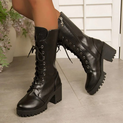 Women’s Lace-Up Block Heel Mid-Calf Boots