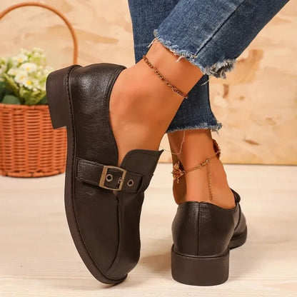 Women's Wide Toe Box Leather Loafers Buckle