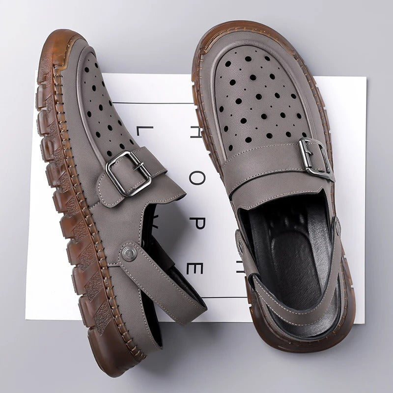Men's Cowhide Leather Hollow Out Flat Sandals