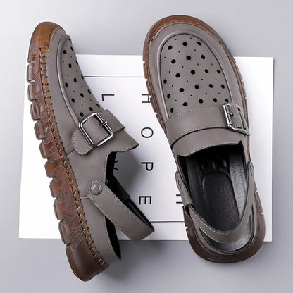 Men's Cowhide Leather Hollow Out Flat Sandals