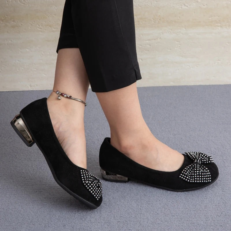 Rhinestone Bow Loafers with Soft Padding &amp; Low Heel