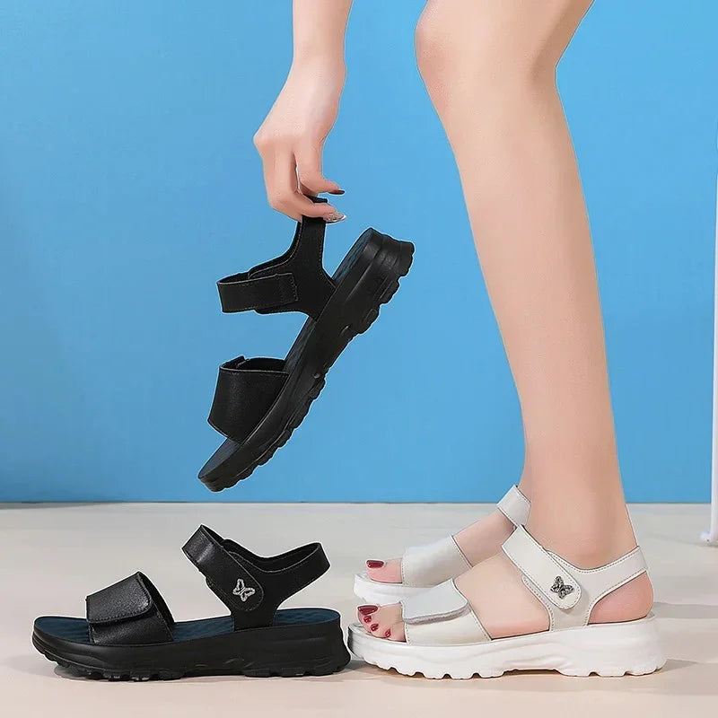 Comfortable Genuine Leather Wedge Sandals with Hook-and-Loop Closure