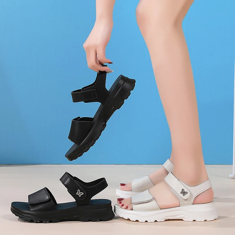 Comfortable Genuine Leather Wedge Sandals with Hook-and-Loop Closure