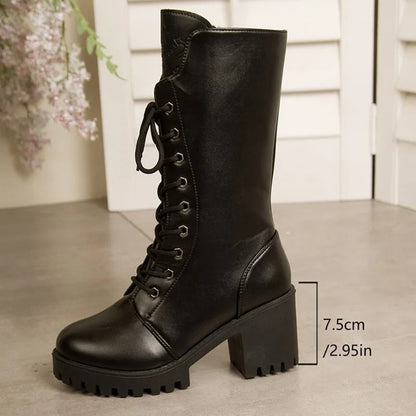 Women’s Lace-Up Block Heel Mid-Calf Boots
