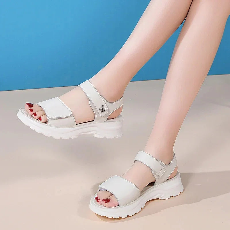 Comfortable Genuine Leather Wedge Sandals with Hook-and-Loop Closure