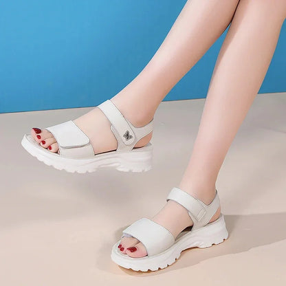 Comfortable Genuine Leather Wedge Sandals with Hook-and-Loop Closure