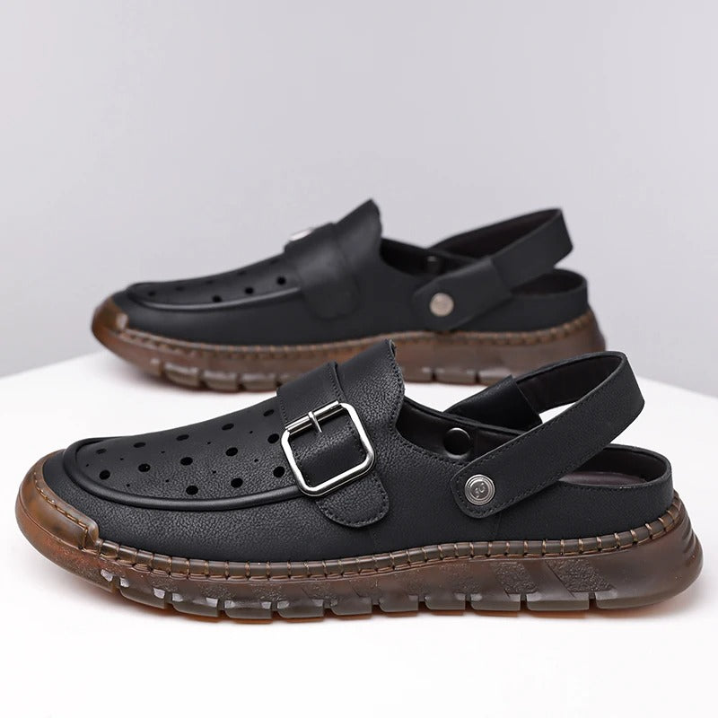 Men's Cowhide Leather Hollow Out Flat Sandals