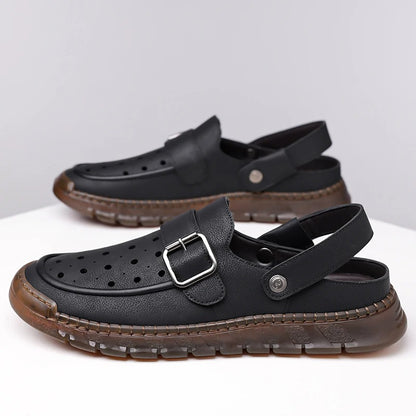 Men's Cowhide Leather Hollow Out Flat Sandals
