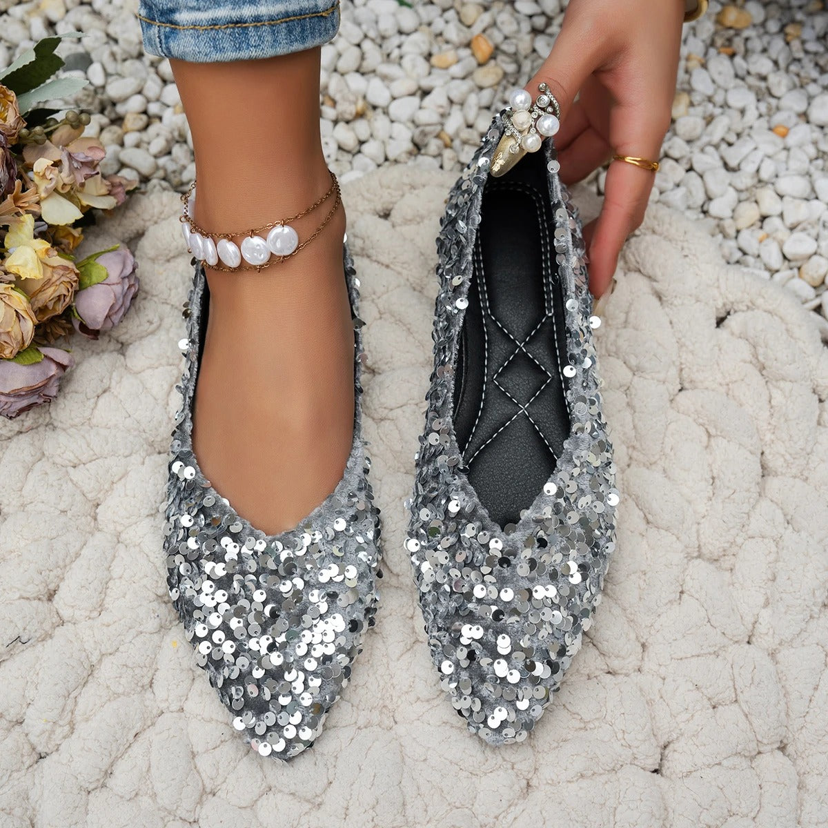 Women's Sequin Pointed Toe Flat Shoes