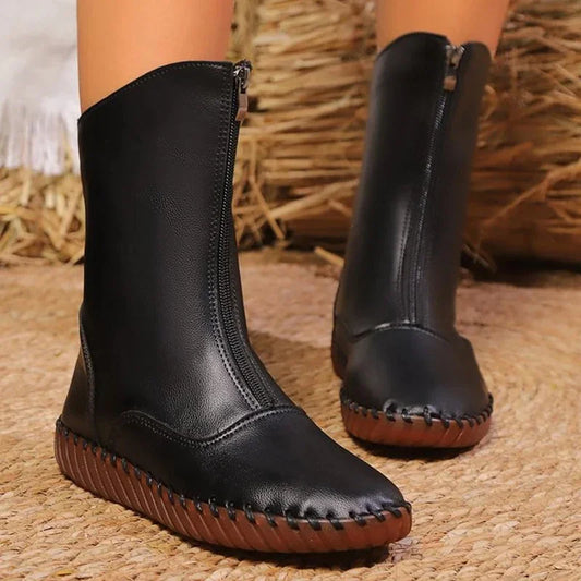 Front-Zipper Mid-Calf Boots with Handstitched Look