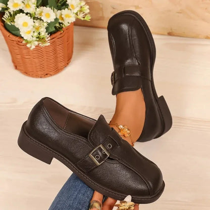 Women's Wide Toe Box Leather Loafers Buckle