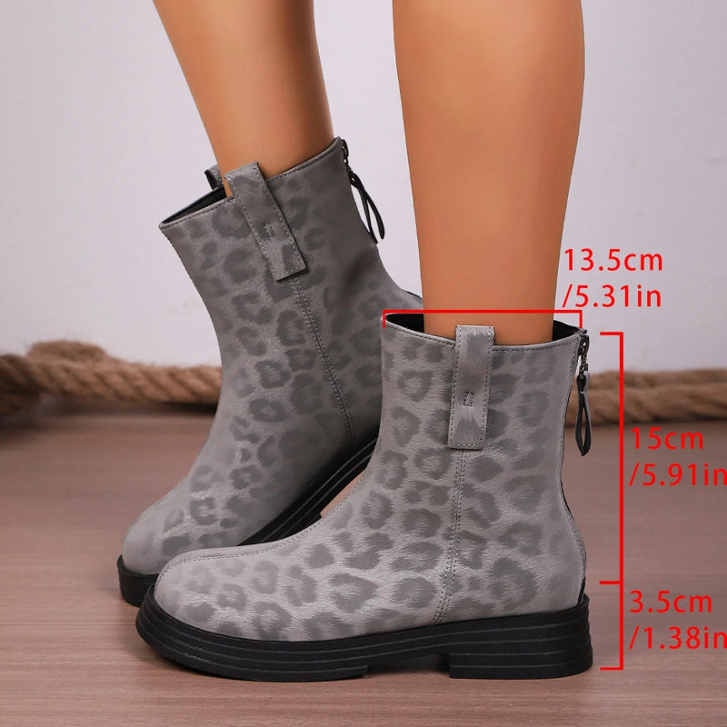 Leopard Round Toe Block Heels Boots