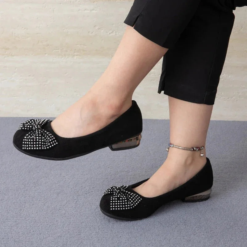 Women's Rhinestone Bow Loafers with Low Heel