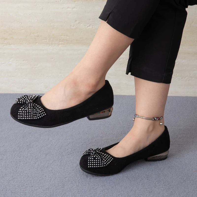 Rhinestone Bow Loafers with Soft Padding &amp; Low Heel
