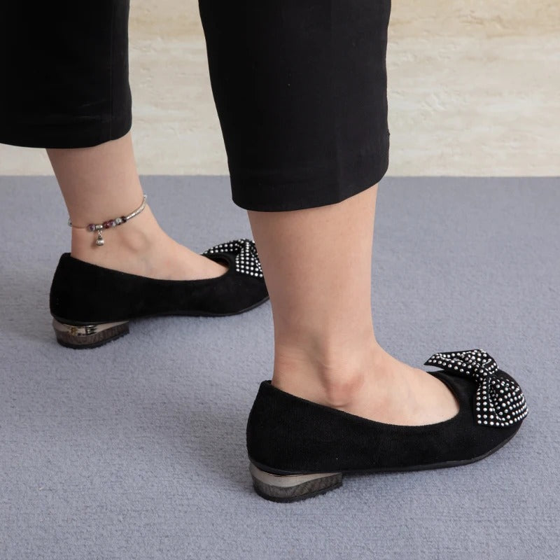 Rhinestone Bow Loafers with Soft Padding &amp; Low Heel