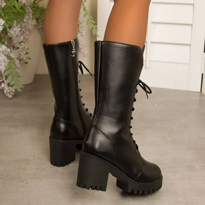 Women’s Lace-Up Block Heel Mid-Calf Boots