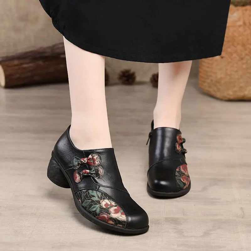 Women’s Leather Shoes with Thick Heel and Floral Patchwork