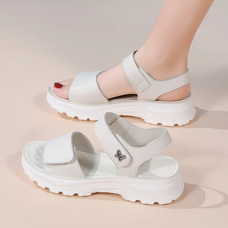 Comfortable Genuine Leather Wedge Sandals with Hook-and-Loop Closure