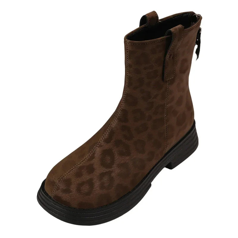 Leopard Round Toe Block Heels Boots