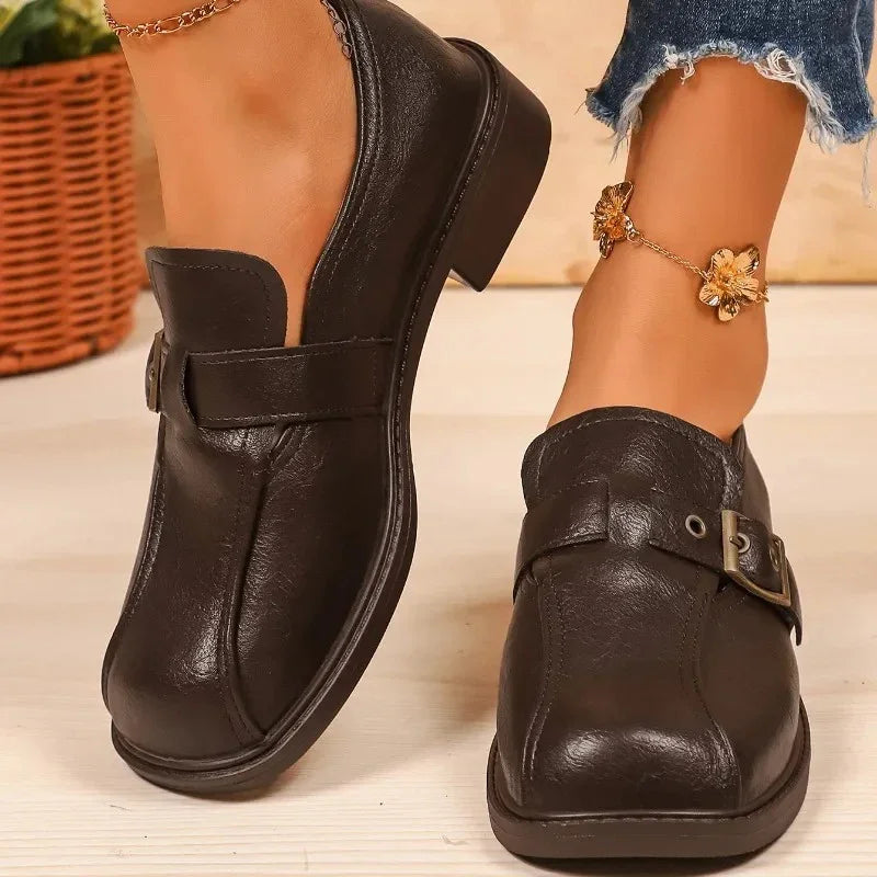 Women's Wide Toe Box Leather Loafers Buckle