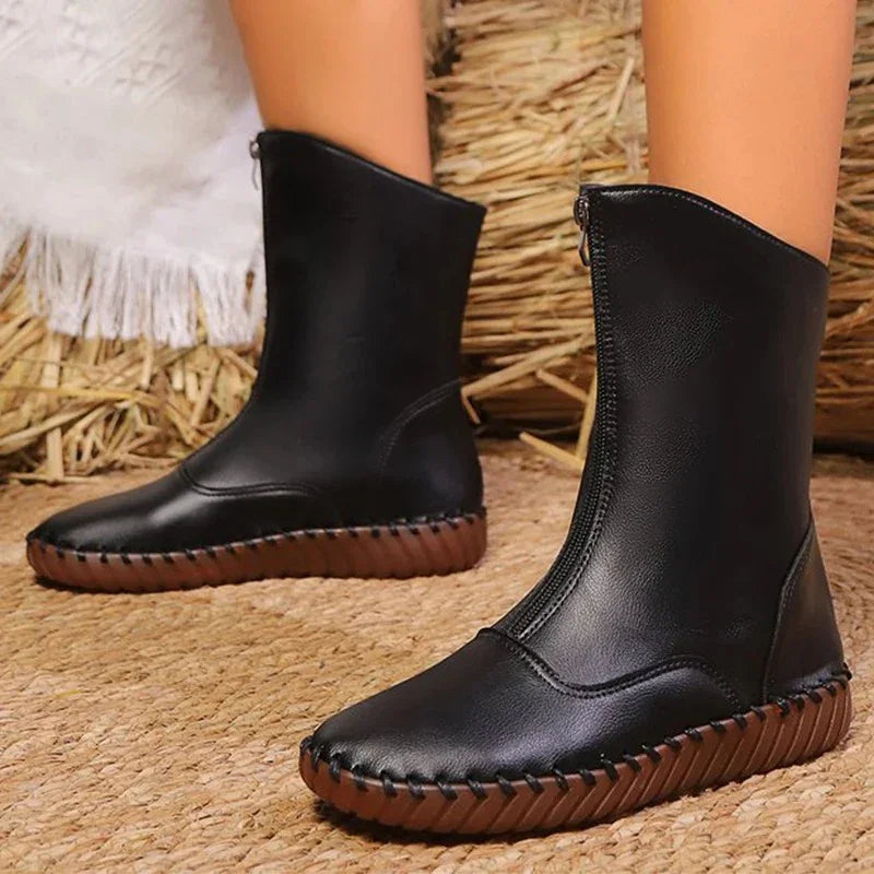 Front-Zipper Mid-Calf Boots with Handstitched Look