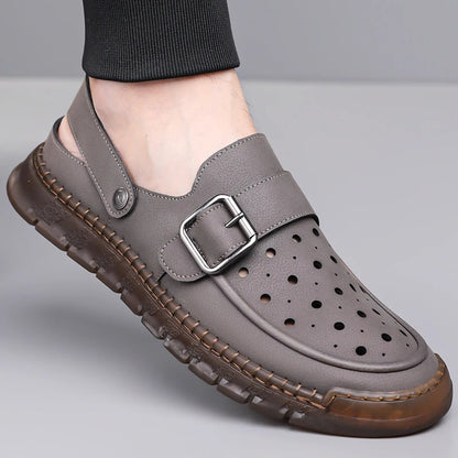 Men's Cowhide Leather Hollow Out Flat Sandals