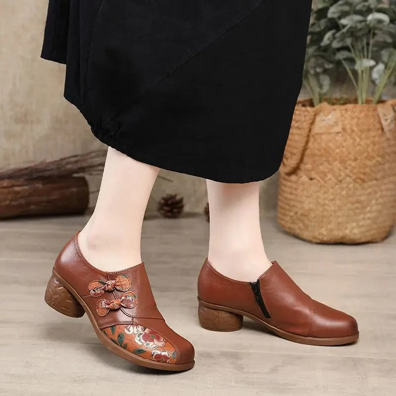 Women’s Leather Shoes with Thick Heel and Floral Patchwork