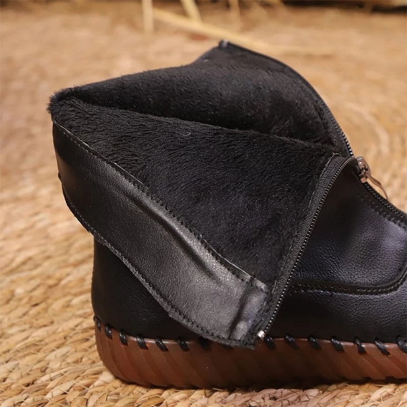 Front-Zipper Mid-Calf Boots with Handstitched Look