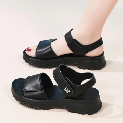Comfortable Genuine Leather Wedge Sandals with Hook-and-Loop Closure