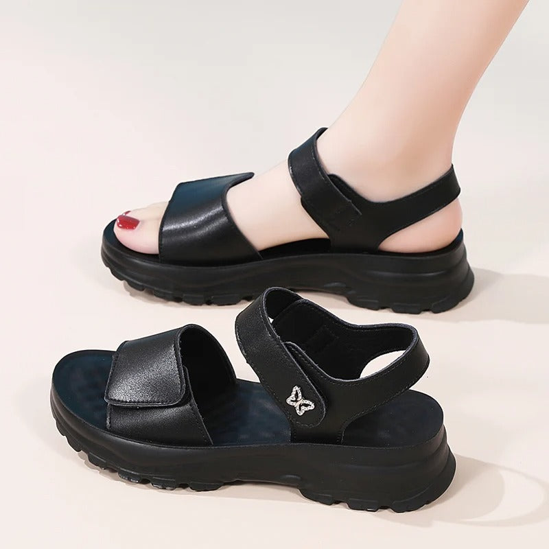 Comfortable Genuine Leather Wedge Sandals with Hook-and-Loop Closure