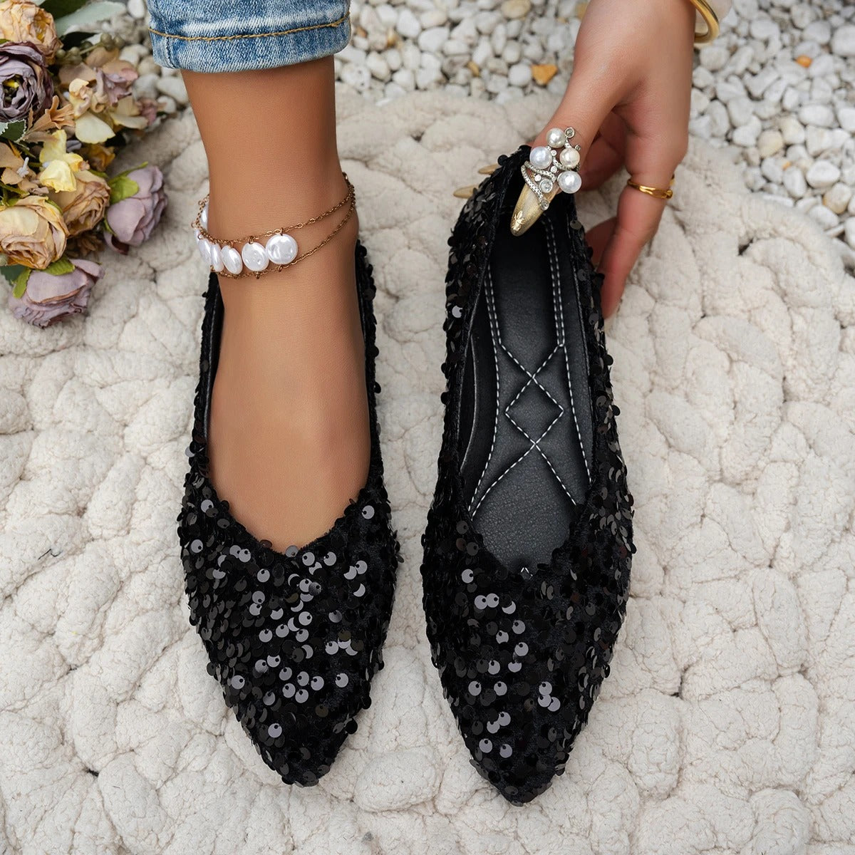 Women's Sequin Pointed Toe Flat Shoes