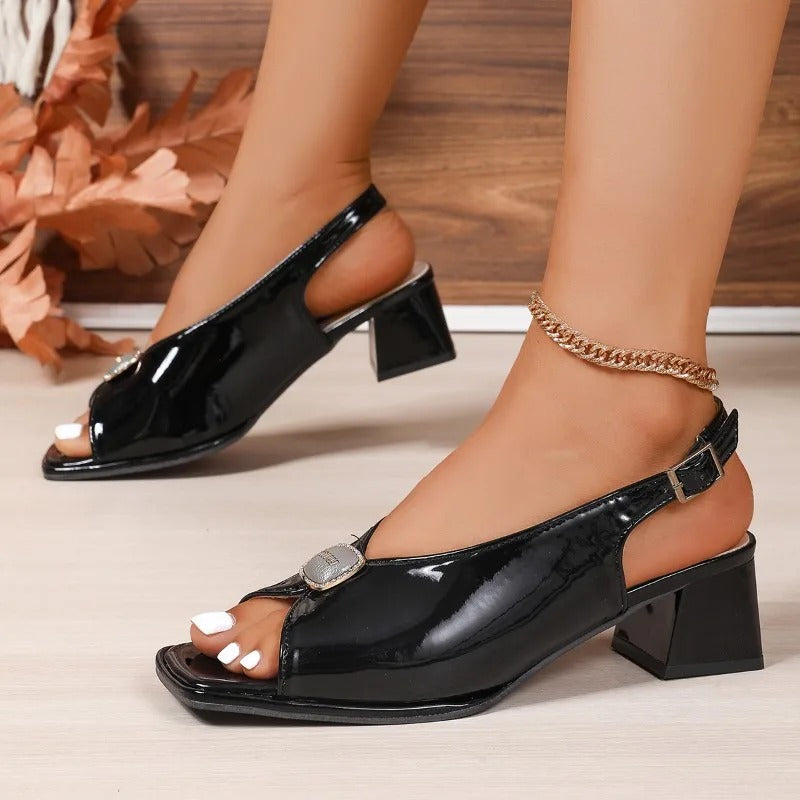 Women's Elegant Block Heel Sandals with Silver Embellishment