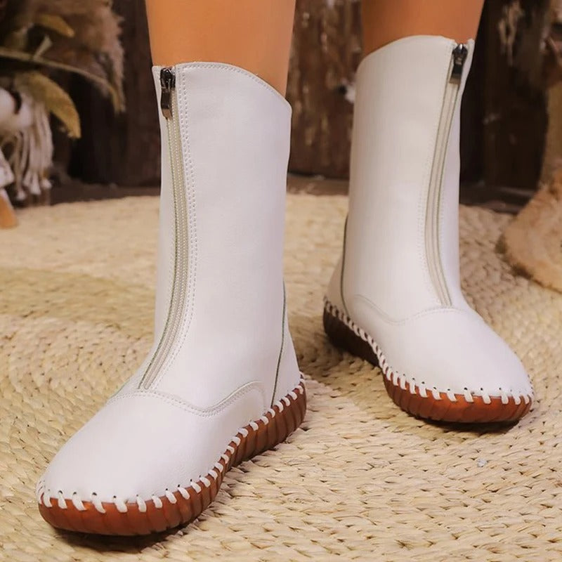 Front-Zipper Mid-Calf Boots with Handstitched Look