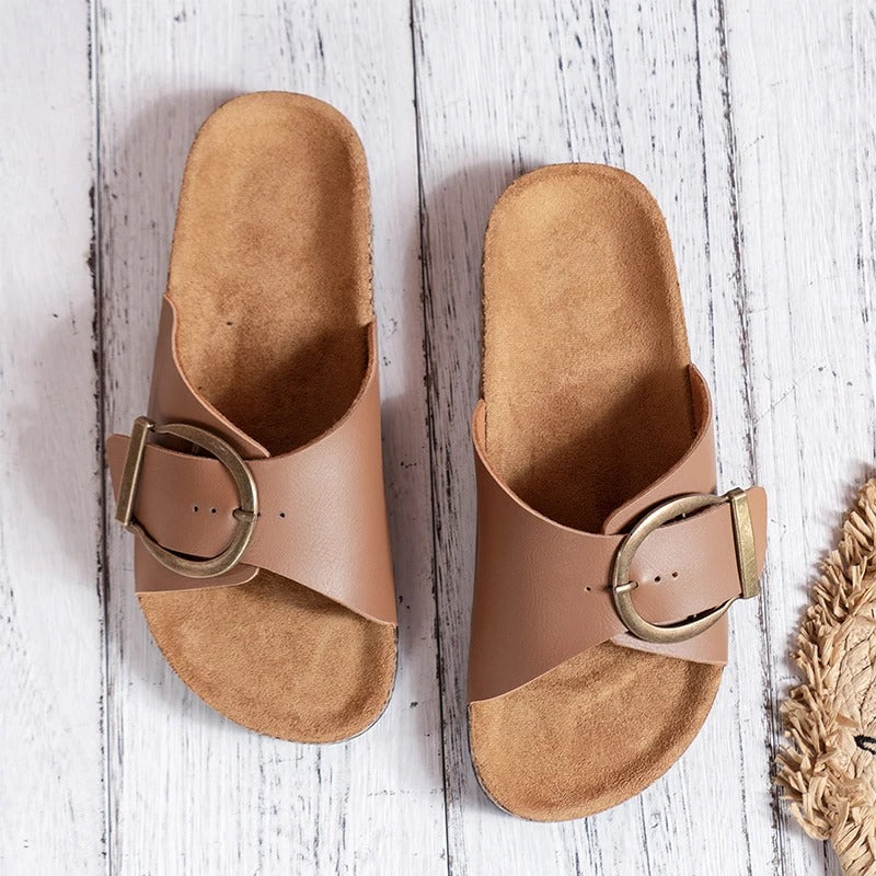 Women's Cork-Pattern Slip-On Slippers with Buckle Detail