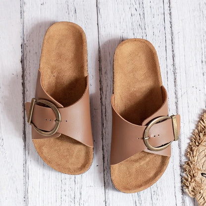 Women's Cork-Pattern Slip-On Slippers with Buckle Detail