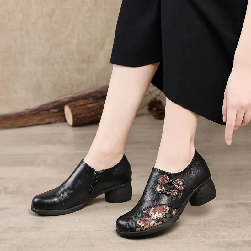 Women’s Leather Shoes with Thick Heel and Floral Patchwork