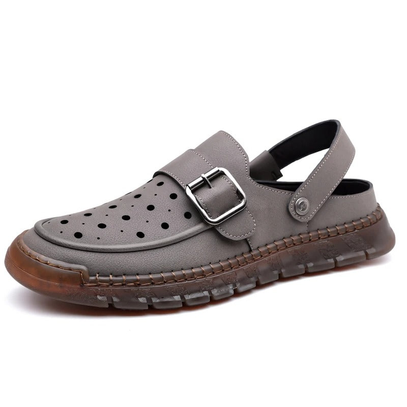 Men's Cowhide Leather Hollow Out Flat Sandals