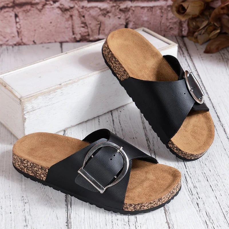 Women's Cork-Pattern Slip-On Slippers with Buckle Detail